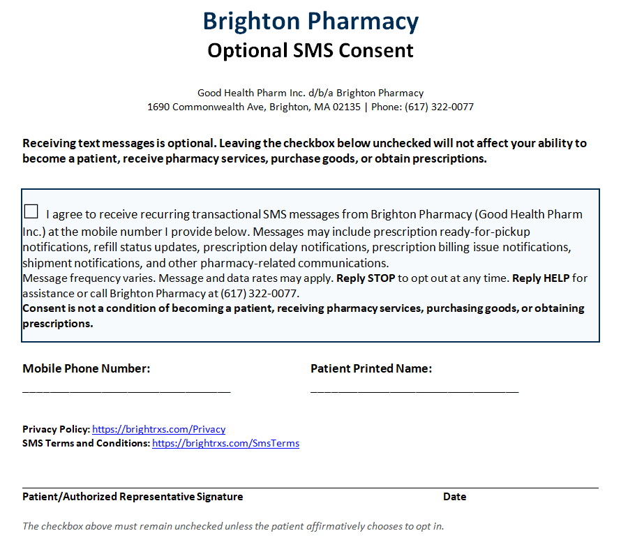 Brighton Pharmacy patient intake form SMS consent section